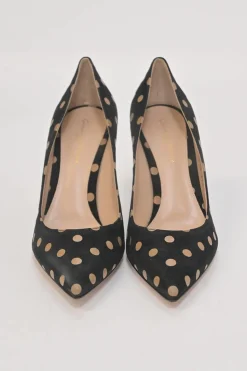 Black polka dot suede and leather pointed-toe pumps