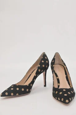 Black polka dot suede and leather pointed-toe pumps