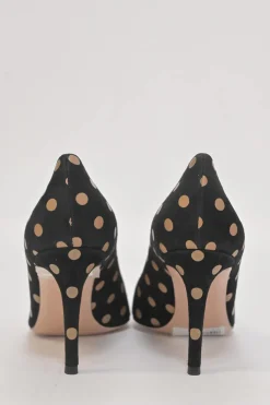 Black polka dot suede and leather pointed-toe pumps