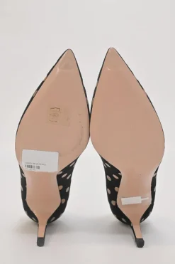 Black polka dot suede and leather pointed-toe pumps
