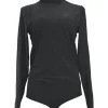 Black polyamide fully-fashioned glitter jersey funnel collar long sleeve second-skin thong bodysuit