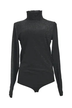 Black polyamide fully-fashioned glitter jersey funnel collar long sleeve second-skin thong bodysuit