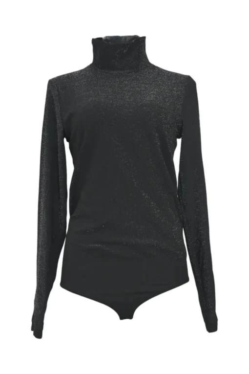 Black polyamide fully-fashioned glitter jersey funnel collar long sleeve second-skin thong bodysuit