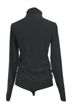 Black polyamide fully-fashioned glitter jersey funnel collar long sleeve second-skin thong bodysuit