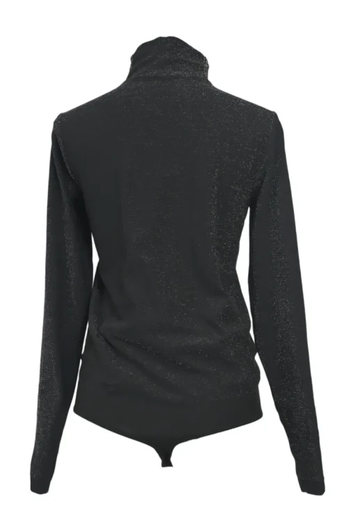 Black polyamide fully-fashioned glitter jersey funnel collar long sleeve second-skin thong bodysuit