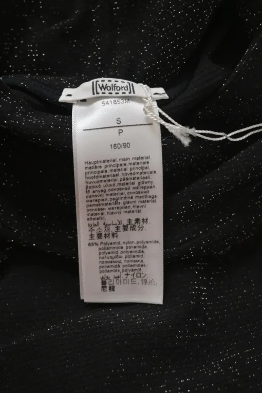 Black polyamide fully-fashioned glitter jersey funnel collar long sleeve second-skin thong bodysuit