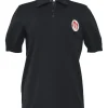 Black polyamide piqué half-button spread collar polo top featuring logo initial chest logo patch