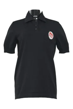 Black polyamide piqué half-button spread collar polo top featuring logo initial chest logo patch