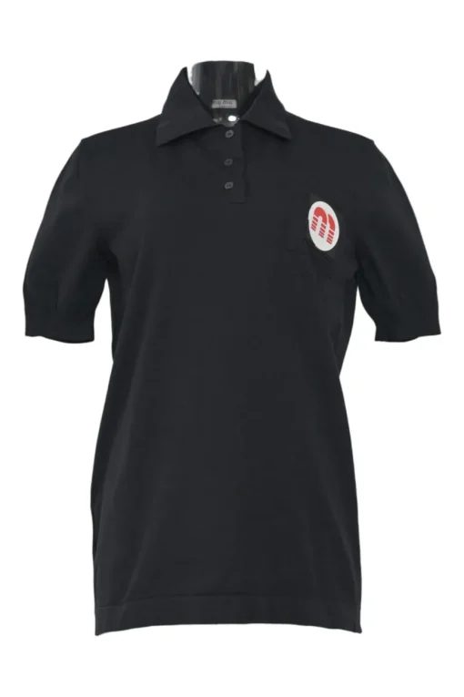 Black polyamide piqué half-button spread collar polo top featuring logo initial chest logo patch