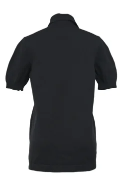 Black polyamide piqué half-button spread collar polo top featuring logo initial chest logo patch