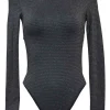 Black polyamide-blend glitter knit long sleeve cutout back bodysuit