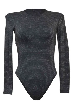 Black polyamide-blend glitter knit long sleeve cutout back bodysuit