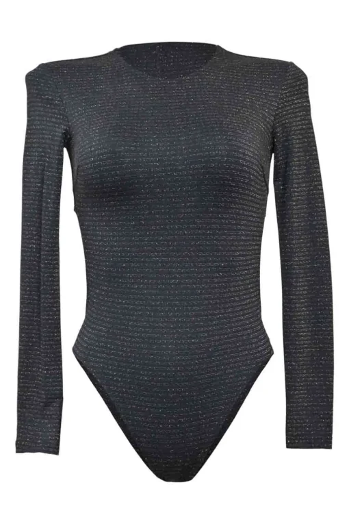 Black polyamide-blend glitter knit long sleeve cutout back bodysuit