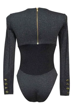 Black polyamide-blend glitter knit long sleeve cutout back bodysuit
