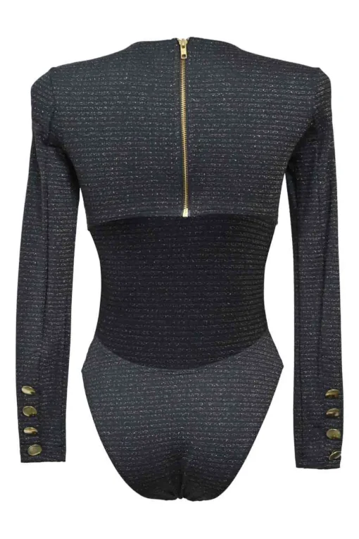Black polyamide-blend glitter knit long sleeve cutout back bodysuit