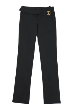 Black polyamide-blend low-rise foldover tailored trousers with gold-tone metallic GG plaque appliqué
