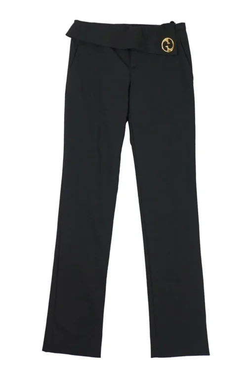 Black polyamide-blend low-rise foldover tailored trousers with gold-tone metallic GG plaque appliqué