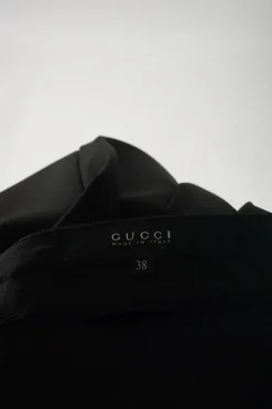 Black polyamide-blend low-rise foldover tailored trousers with gold-tone metallic GG plaque appliqué