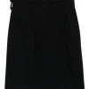 Black polyamide-blend twill wrap-front knee-length skirt with rope-tie fastening at side