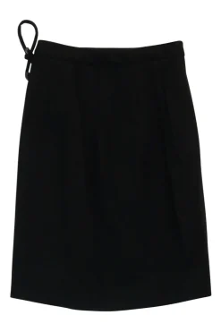 Black polyamide-blend twill wrap-front knee-length skirt with rope-tie fastening at side