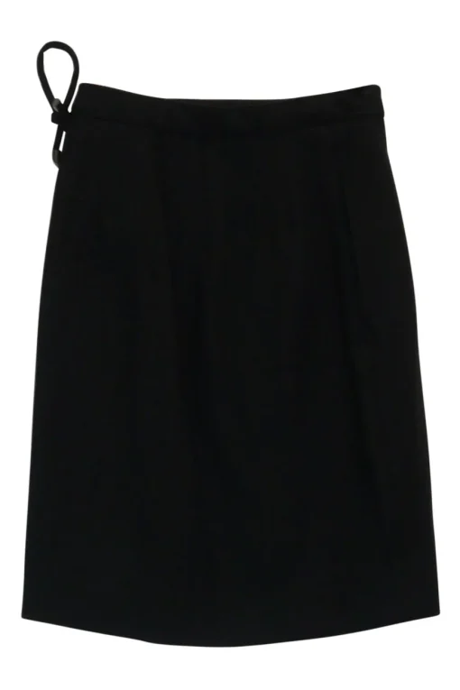 Black polyamide-blend twill wrap-front knee-length skirt with rope-tie fastening at side