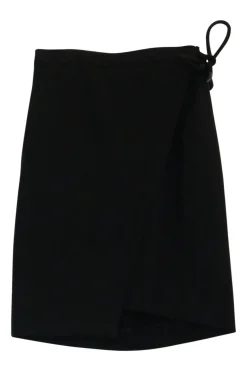 Black polyamide-blend twill wrap-front knee-length skirt with rope-tie fastening at side