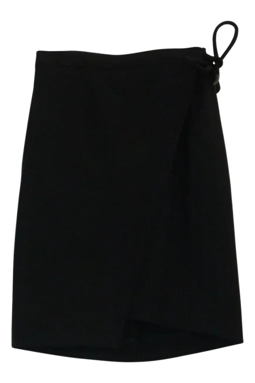 Black polyamide-blend twill wrap-front knee-length skirt with rope-tie fastening at side