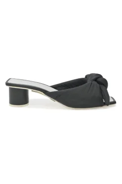 Black polyester and leather square-toe knot-front slide sandals with cylinder-shaped block heels