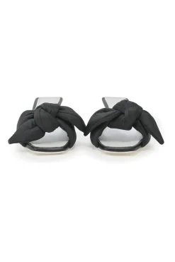 Black polyester and leather square-toe knot-front slide sandals with cylinder-shaped block heels