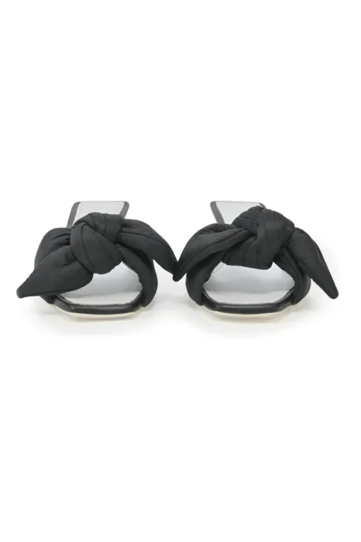 Black polyester and leather square-toe knot-front slide sandals with cylinder-shaped block heels