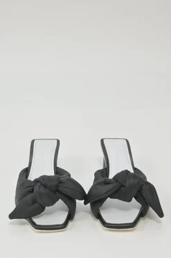 Black polyester and leather square-toe knot-front slide sandals with cylinder-shaped block heels