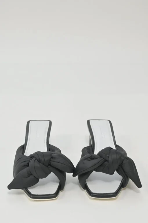 Black polyester and leather square-toe knot-front slide sandals with cylinder-shaped block heels