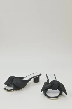Black polyester and leather square-toe knot-front slide sandals with cylinder-shaped block heels