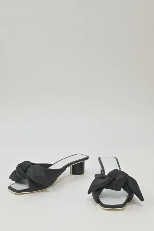 Black polyester and leather square-toe knot-front slide sandals with cylinder-shaped block heels