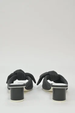 Black polyester and leather square-toe knot-front slide sandals with cylinder-shaped block heels