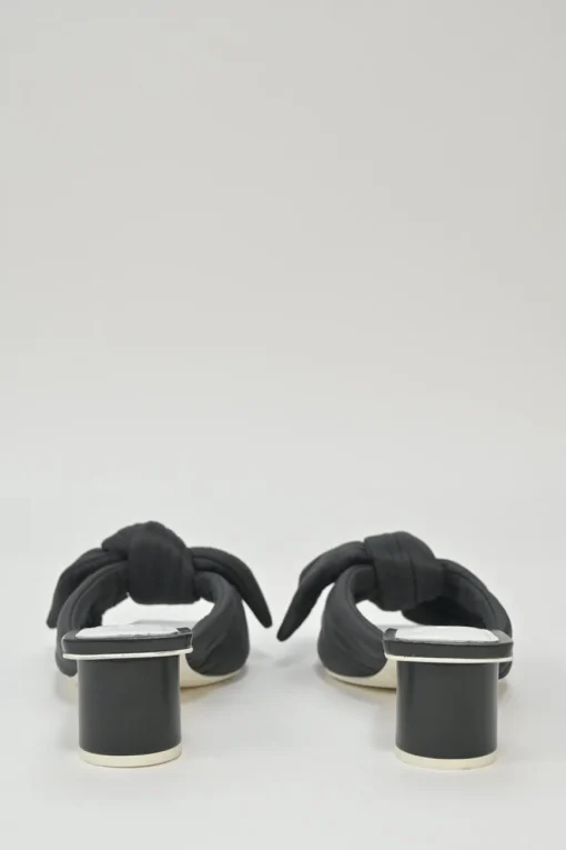Black polyester and leather square-toe knot-front slide sandals with cylinder-shaped block heels