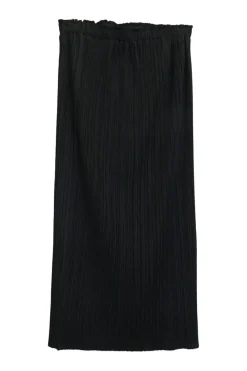 Black polyester plissé pull-on midi skirt with elasticated waistband