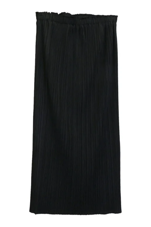 Black polyester plissé pull-on midi skirt with elasticated waistband