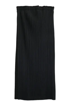 Black polyester plissé pull-on midi skirt with elasticated waistband