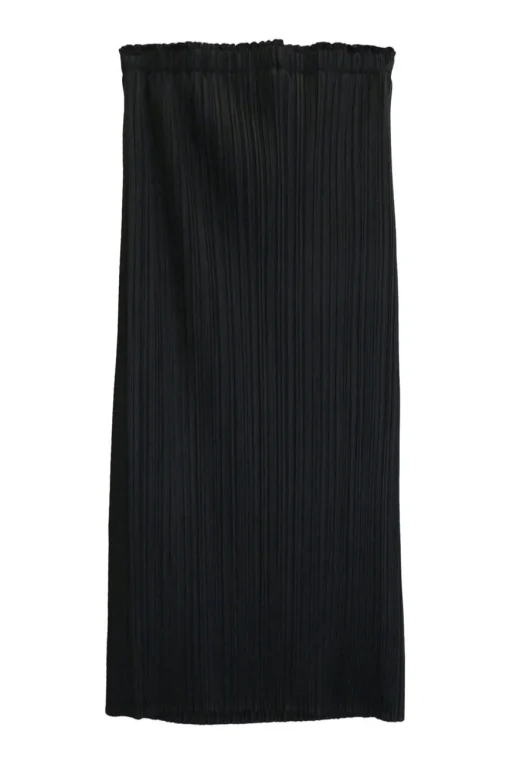 Black polyester plissé pull-on midi skirt with elasticated waistband