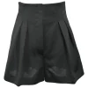 Black polyester pull-on empire-waist pleated wide-leg shorts