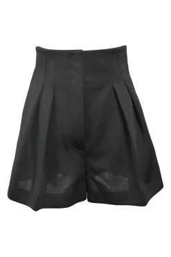 Black polyester pull-on empire-waist pleated wide-leg shorts