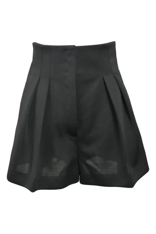 Black polyester pull-on empire-waist pleated wide-leg shorts