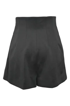 Black polyester pull-on empire-waist pleated wide-leg shorts