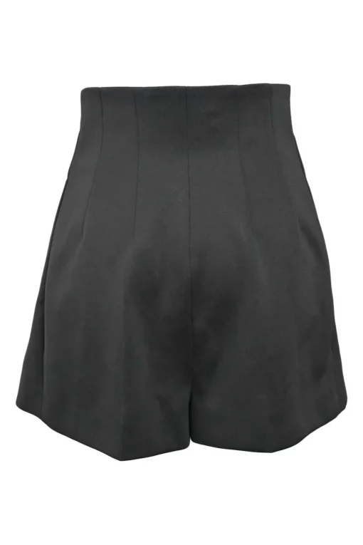 Black polyester pull-on empire-waist pleated wide-leg shorts