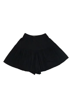 Black polyester pull-on high-rise flared plissé shorts with elasticated waist