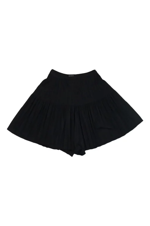 Black polyester pull-on high-rise flared plissé shorts with elasticated waist