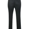 Black polyester pull-on high-rise tapered leg plissé pants with elasticated waistband