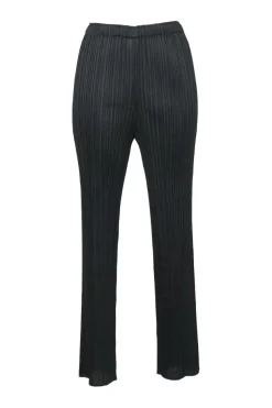 Black polyester pull-on high-rise tapered leg plissé pants with elasticated waistband