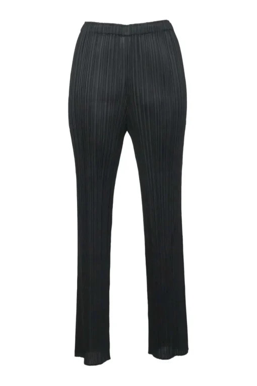 Black polyester pull-on high-rise tapered leg plissé pants with elasticated waistband